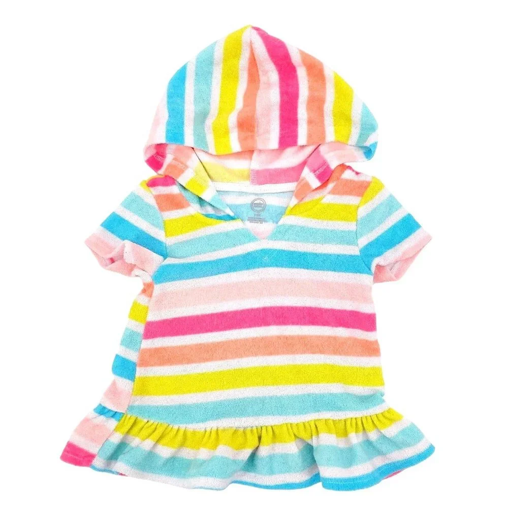 WONDER NATION Swim Cover-Up Baby Girl Terrycloth Stripe Neon Color hoodie dress